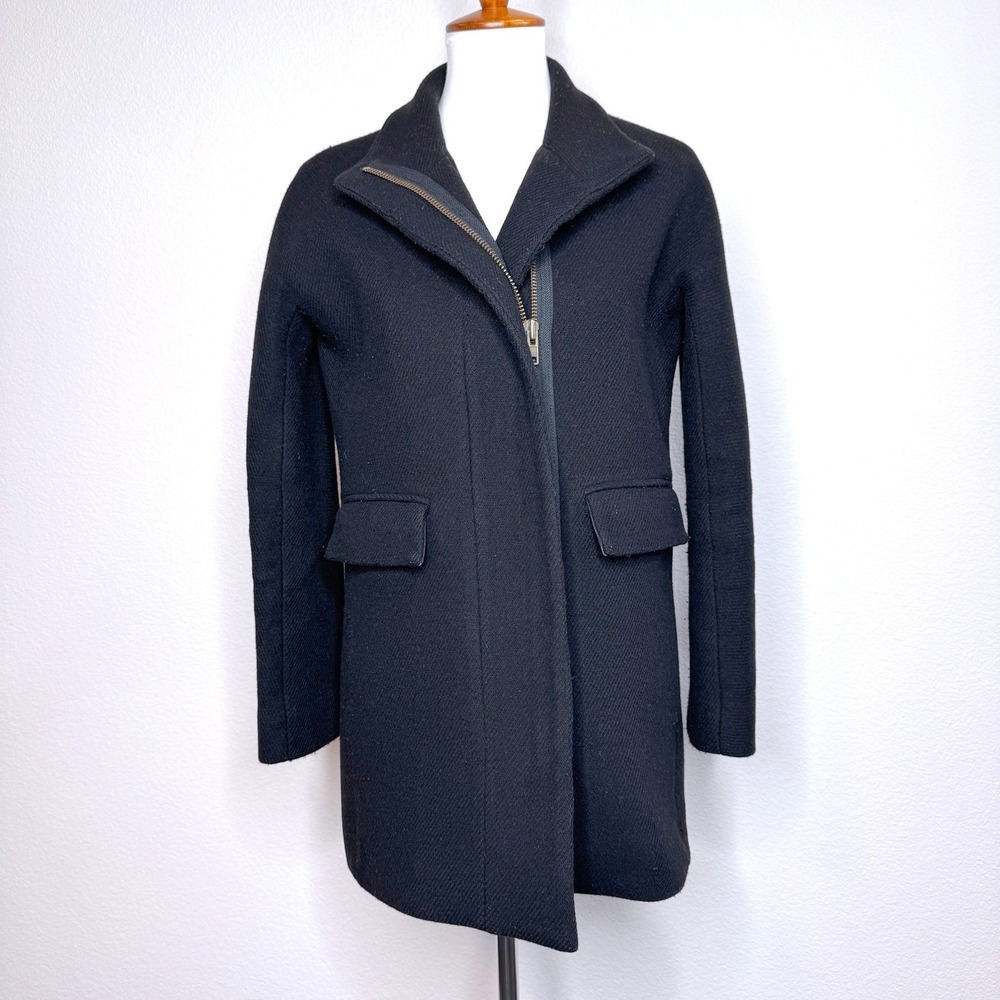 J. CREW Cocoon Stadium Cloth Wool Coat Sz 0 Black Mid Length 2 Way Zip Commuter